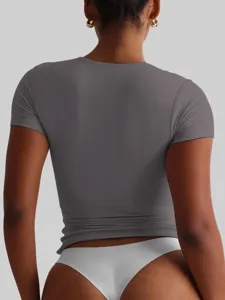 Donna maglietta slim maniche corte estate casual base girocollo tinta unita top fashion