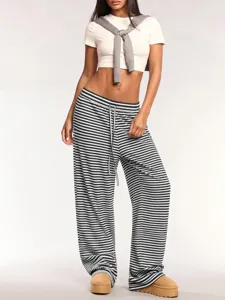 Y2K casual black and white striped long pants, loose low rise drawstring wide leg trousers.