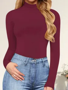 Long sleeve high neck slim fitted bodysuit top detail view showing soft fabric and snug fit.