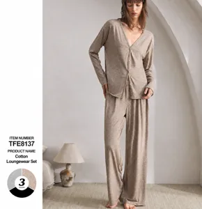 Damen Casual Langarm Cardigan Und Hose Pyjama Set Polyester Unifarben Hausanzug Nachtwäsche Für Zuhause