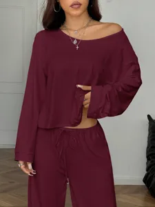 Off-shoulder long sleeve top and wide leg pants lounge set, detailed view of casual outfit.