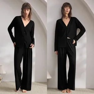 Damen Langarm V-Ausschnitt Cardigan und weite Hose Pyjama Set schwarz bequeme Loungewear