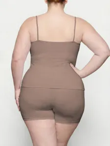 Plus size casual lounge camisole and shorts set detail view showing back fit and stretch.