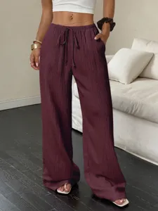 Γυναικείο casual μονόχρωμο υφασμάτινο παντελόνι φαρδύ με κορδόνι μέσης και τσέπες μόδα
