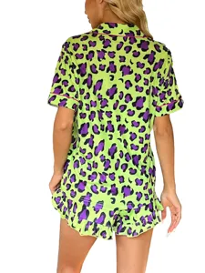 Women green purple leopard print short sleeve pajama shirt and ruffled shorts set sleepwear