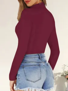 Women high neck long sleeve bodysuit casual slim fit solid color top for autumn and winter season.