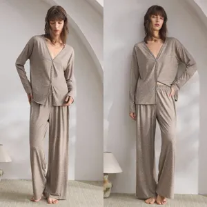 Damen Langarm V-Ausschnitt Pyjama Set Freizeit Loungewear Zweiteiler für Herbst