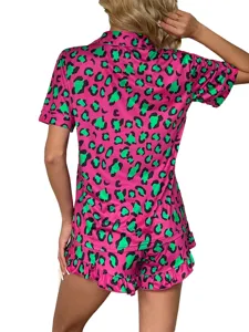 Pink and green leopard print pajama set, short sleeve button shirt and ruffled shorts for women.