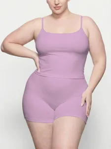 Plus Size Women Cami Shorts Lounge Set Stretchy Ribbed Casual Yoga Gym Athletic Two Piece