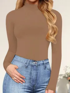 Brown long sleeve mock neck bodysuit detail view, fitted apparel for women fashion wear.