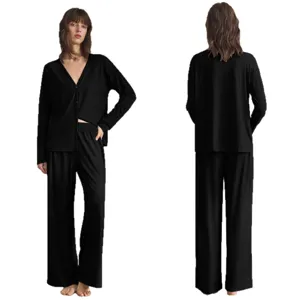 Damen Langarm Loungewear Set schwarzer Schlafanzug Pyjama Zweiteiler Set Hauptansicht