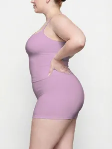 Plus-size women's camisole and shorts set detail, showing stretchy slim fit design.