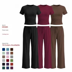 Women's Casual Two Piece Outfit Short Sleeve Pleated Top And Straight Leg Pants Summer Sporty Athletic Tracksuit Set