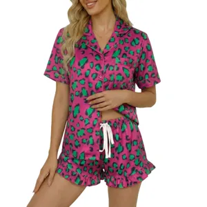Pink green leopard print short sleeve pajama set for women, silky sleepwear loungewear.
