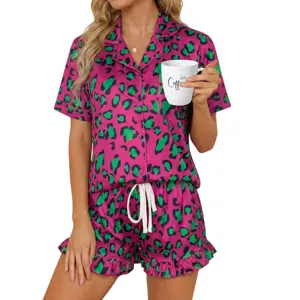 Detailed view of women's leopard print short sleeve pajama set with button-up top and shorts.