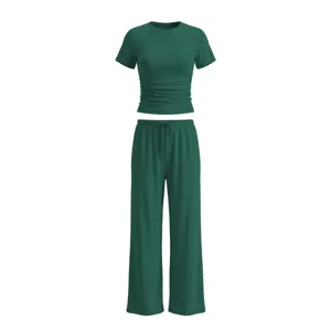 Women green two piece lounge set short sleeve crop top and wide leg pants activewear
