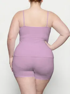 Plus size women ribbed camisole and shorts set lounge yoga activewear detail view.