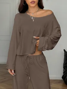 Women off shoulder long sleeve top and wide leg pants lounge set casual two piece outfit