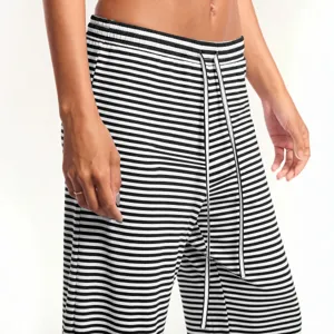 Women's black and white striped casual trousers with drawstring high waist straight leg pants.