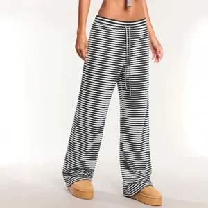 Women casual black white striped wide leg pants y2k high waist loose streetwear trousers