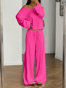 Hot pink off-the-shoulder long sleeve top and wide leg pants loungewear set for women.