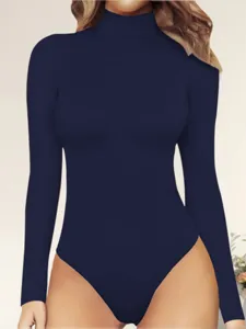 Women Long Sleeve Turtleneck Bodysuit Slim Fit Solid Color Casual Thong Bodysuit Top
