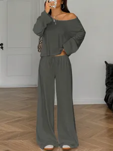 Women off shoulder long sleeve top wide leg pants lounge set casual two piece outfit