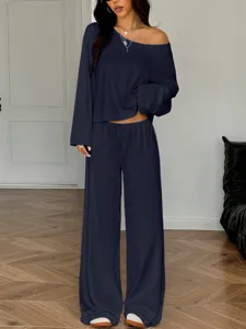 Casual off-shoulder long sleeve top wide leg pants set for women solid color loungewear