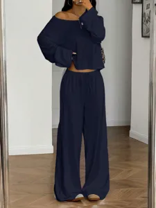 Casual off-shoulder long sleeve top and wide leg pants lounge set, cozy daily wear.