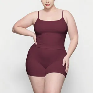 Plus size women solid camisole shorts set stretchy sexy casual lounge activewear wear