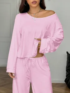 Pink off-shoulder long sleeve top and wide leg lounge set for women casual wear