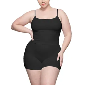 Plus size black camisole and shorts set, elastic slim fit women casual yoga activewear.