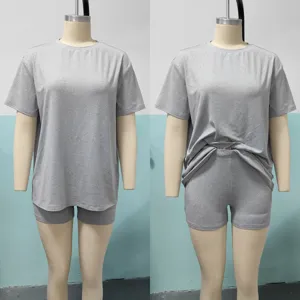 Graues Kurzarm T-Shirt und Biker Shorts Set Freizeit Sommer Sportbekleidung Outfit