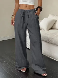 Γυναικείο casual μονόχρωμο υφασμάτινο ψηλόμεσο παντελόνι κορδόνι τσέπες λεπτομέρεια