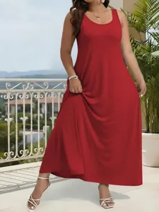 Detailed view of women plus size solid red maxi tank dress, showing elegant drape and hemline.