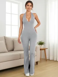 Grey halter deep V tight jumpsuit for women, sleeveless flare leg bodycon one-piece outfit.