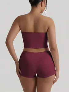 Solid color strapless crop top and shorts set, back view summer slim fit casual wear.