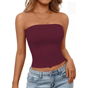 Damen Sexy Trägerloses Bandeau Top Slim Fit Lässiger Sommer Einfarbig Kurzes Oberteil
