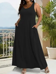 Plus size solid color sleeveless tank dress for women, elegant casual long maxi dress detail.