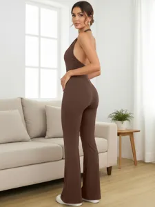 Women's brown halter backless slim fit jumpsuit, perfect for summer fitness and casual wear.