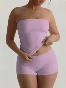 Summer casual purple strapless tube top and matching shorts set for women slim fit basic wear.