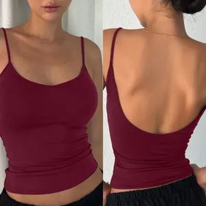 Femme sexy débardeur à fines bretelles unicolore col rond coupe slim dos nu haut élégant