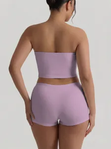 Solid color strapless crop top and shorts set casual activewear for women stylish summer outfit