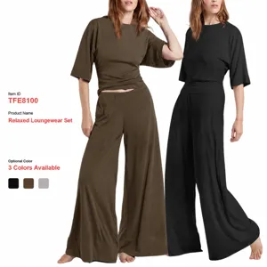 Γυναικείο Casual Σετ Δύο Τεμαχίων Πλεκτό Ριμπ Κοντό Μανίκι Τοπ Και Παντελόνι με Φαρδιά Πόδια Ψηλόμεσο Άνετο Ρούχο