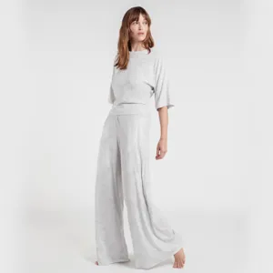Casual ribbed σετ δύο τεμαχίων για γυναίκες, άνετο χαλαρό τοπ και φαρδύ παντελόνι.