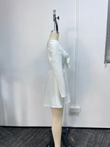 Mujer vestido corto manga larga cuello v lazo blanco casual elegante chic ropa de fiesta
