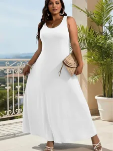 Plus size white sleeveless maxi dress, elegant solid color long tank dress for women.