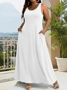 Detail view of plus size solid white sleeveless maxi dress featuring convenient side pockets.