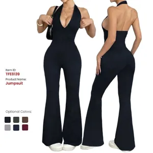 Women's Sexy Halter Backless Slim Fit Jumpsuit Solid Color Sleeveless Flared Leg Long Bodysuit Fitness Sports Activewear
