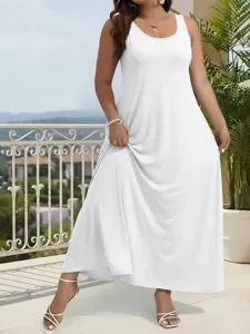 Plus size white sleeveless maxi tank dress, elegant casual summer dress scene detail shot.
